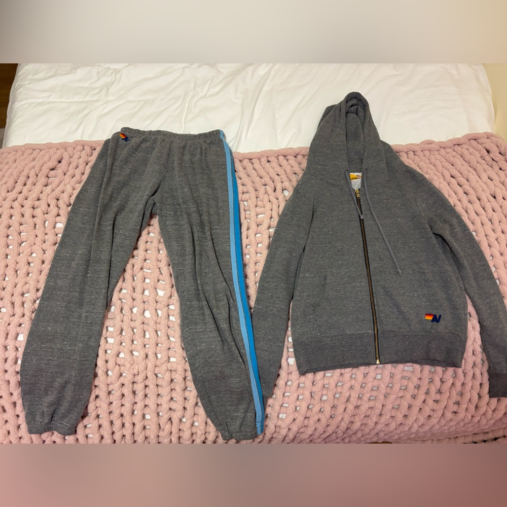 Aviator Nation five stripe heather grey sweat set with blue stripes